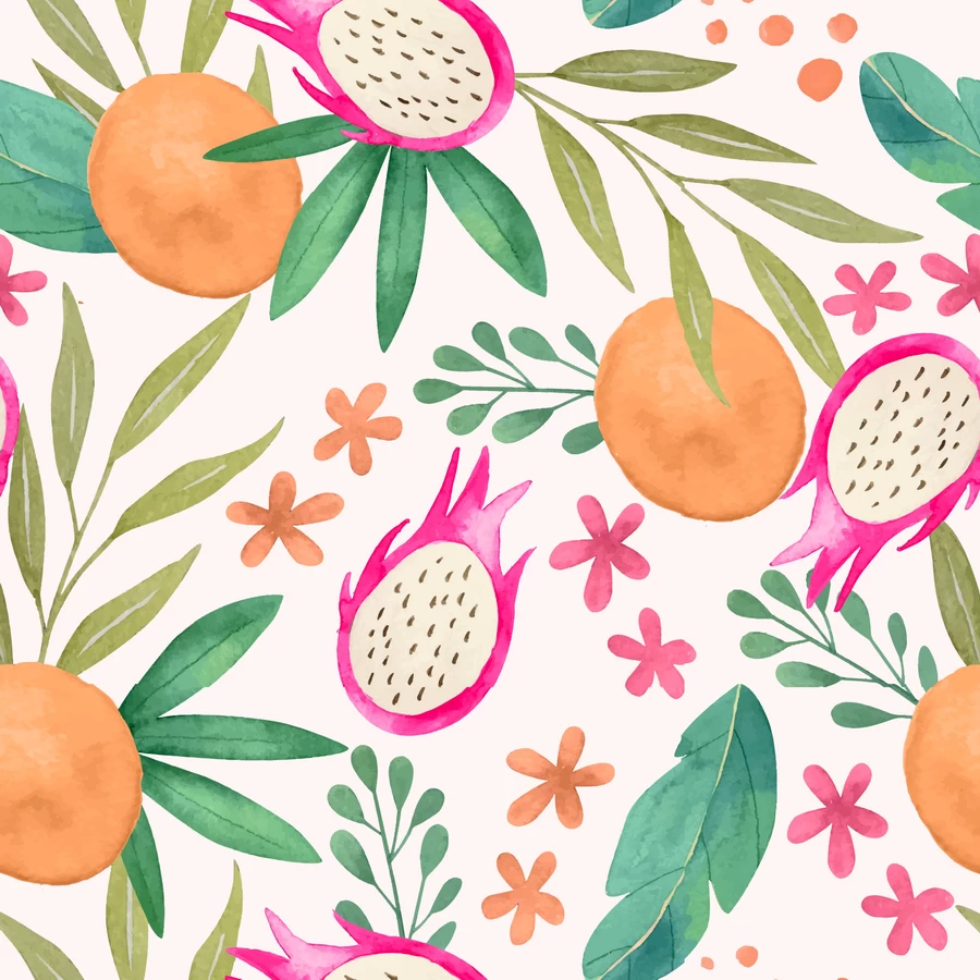 手绘水粉水果植物花朵树叶元素无缝背景图片插画AI矢量设计素材【001】
